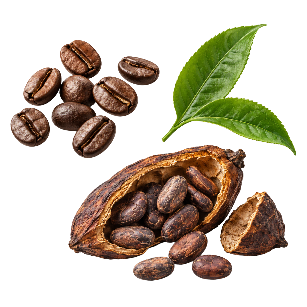 Café, folhas e cacau