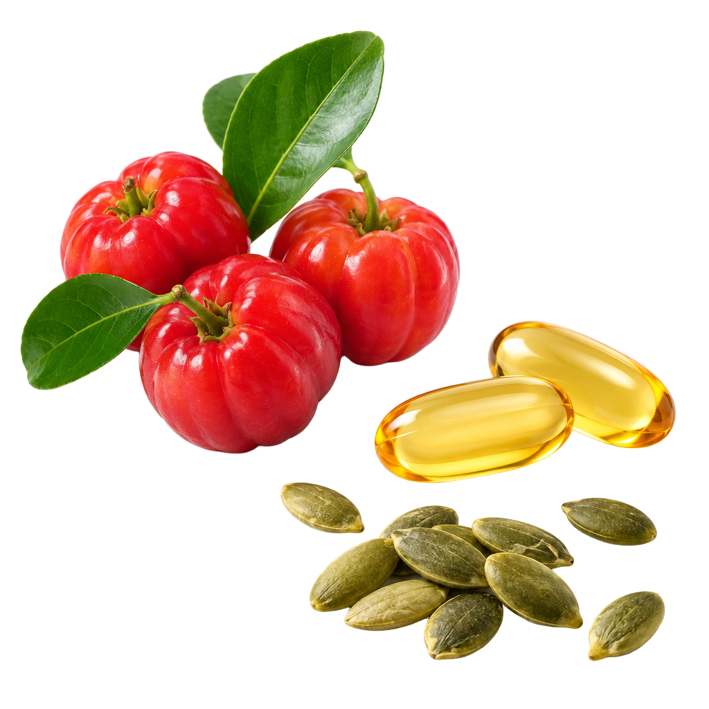 Acerola, cápsulas e sementes