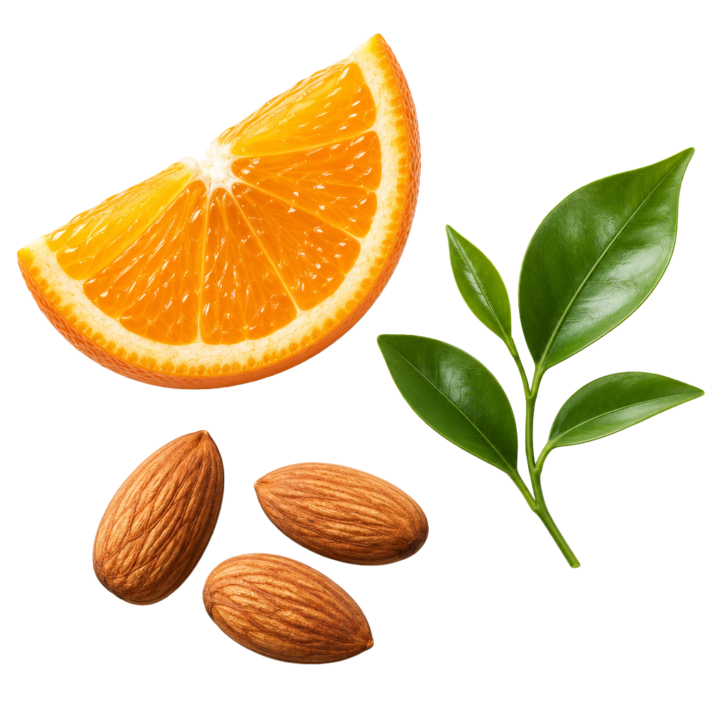 Laranja, folhas e amêndoas